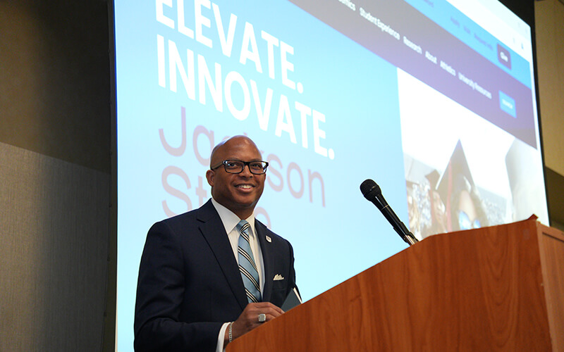 JSU President Thompson speaking to students